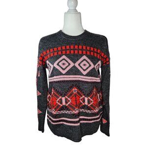 J. Crew Size Medium Abstract Fair Isle Gray Red Pink Wool Mohair Blend Sweater